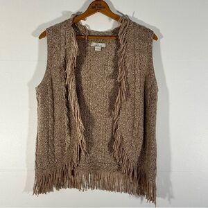 Cozy Wool Blend Fringed Cream and Tan Cable Knit Cardigan Vest